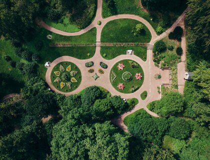 musterartig angelegte Blumenbeete im Schlosspark Kochberg