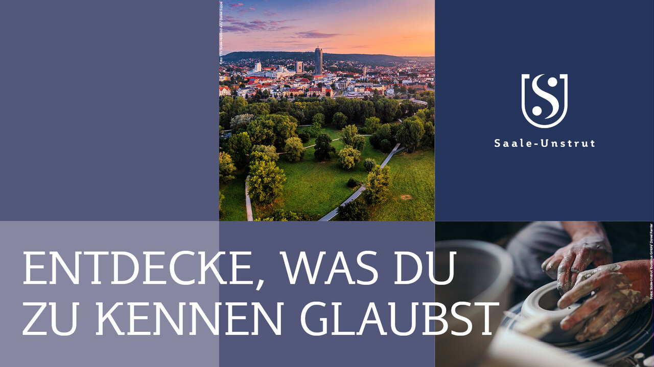 youtube Video Thumbnail: Gemeinschaftsmotiv aus einem Bild einer Panoramasicht auf die Stadt Jena und der Herstellung eines Gefäßes auf der Töpferscheibe. Dazu steht Entdecke, was du zu kenne glaubst.