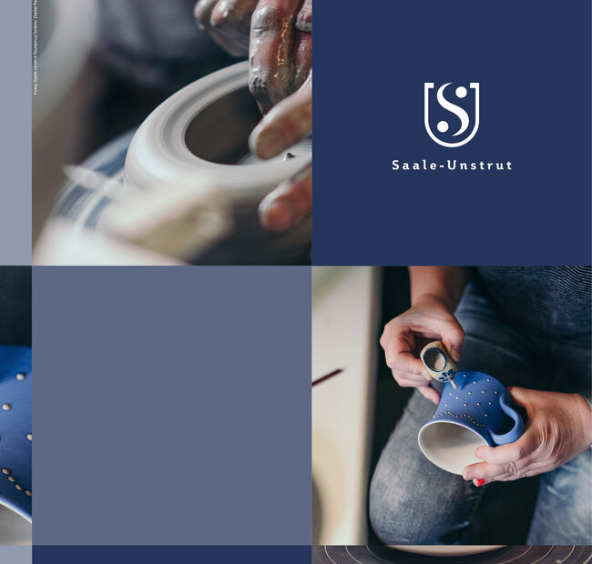 verschiedene Motive der Bürgeler Keramikherstellung: Hände formen Ton auf der Töpferscheibe und Frauenhände tupfen die weißen Punkte auf eine blauglasierte  Tasse