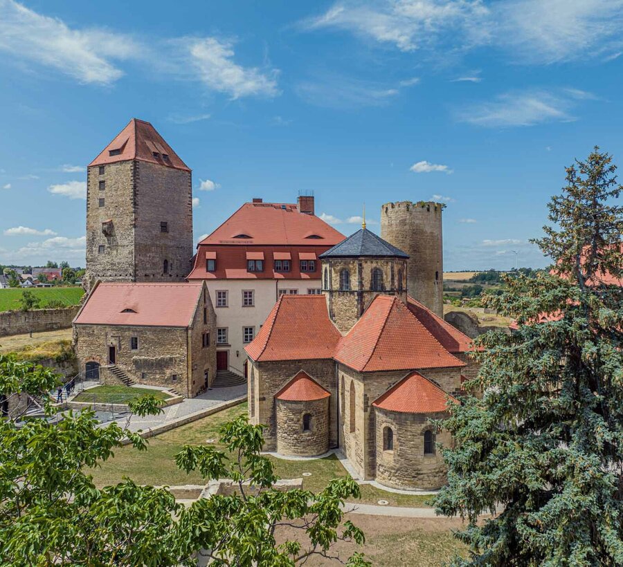 Burg Querfurt im Sonnenlicht und mit Bäumen