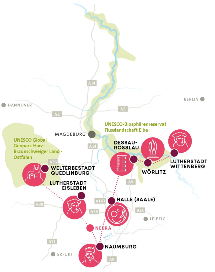 Welterbestätten in Sachsen-Anhalt, eingezeichnet auf einer Karte von Sachsen-Anhalt 