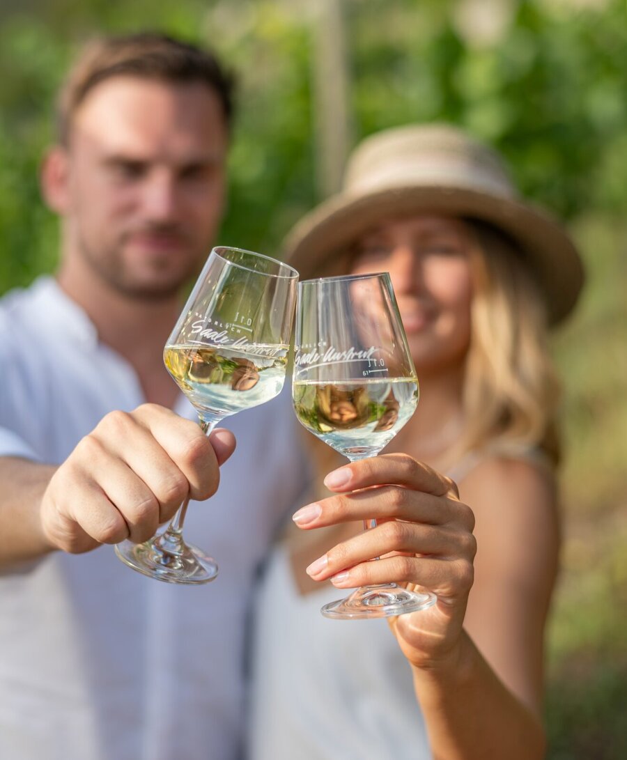 Man und Frau stoßen mit zwei Weingläsern an.