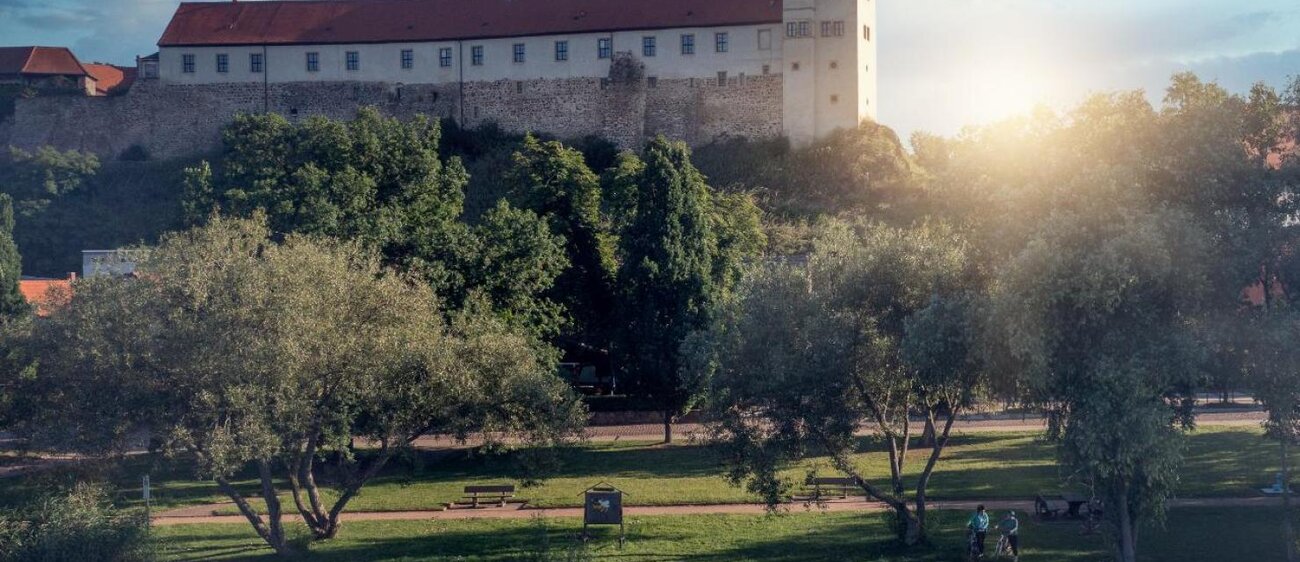 Burg Wettin im Sonnenaufgang oberhalb der Saale mit Saalewiesen und zwei Radfahrenden